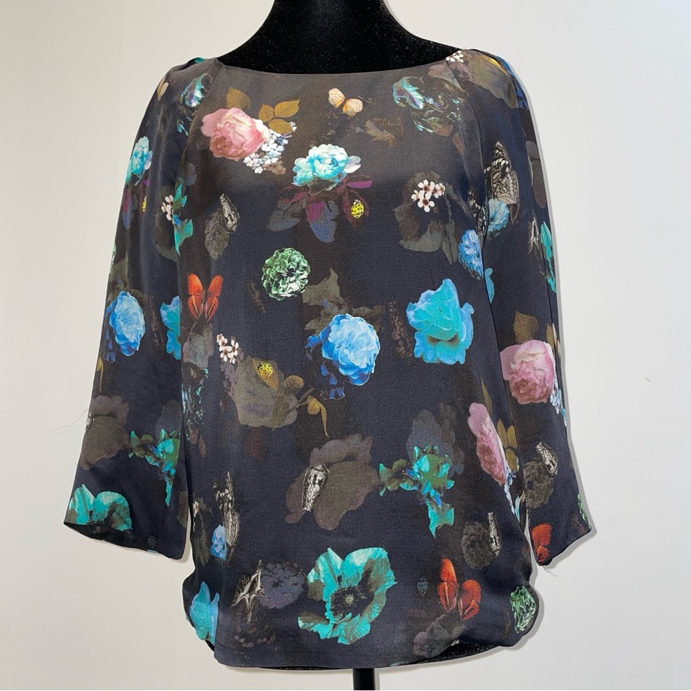 Club Monaco 100% Silk Blouse XS Black Floral Print